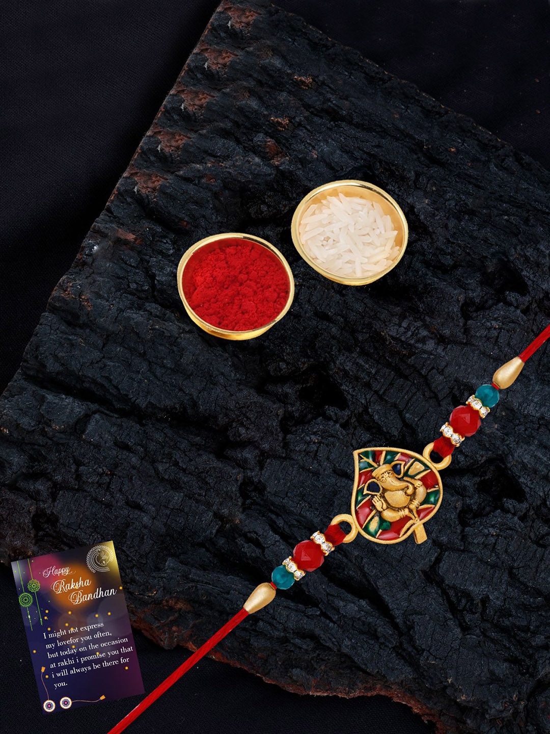 Silver Shine Set Of 2 Beaded and Ganesha Thread Rakhis with Greeting Card & Roli Chawal, Gold
Silver Shine Set Of 2 Beaded and Ganesha Thread Rakhis with Greeting Card & Roli Chawal, Gold