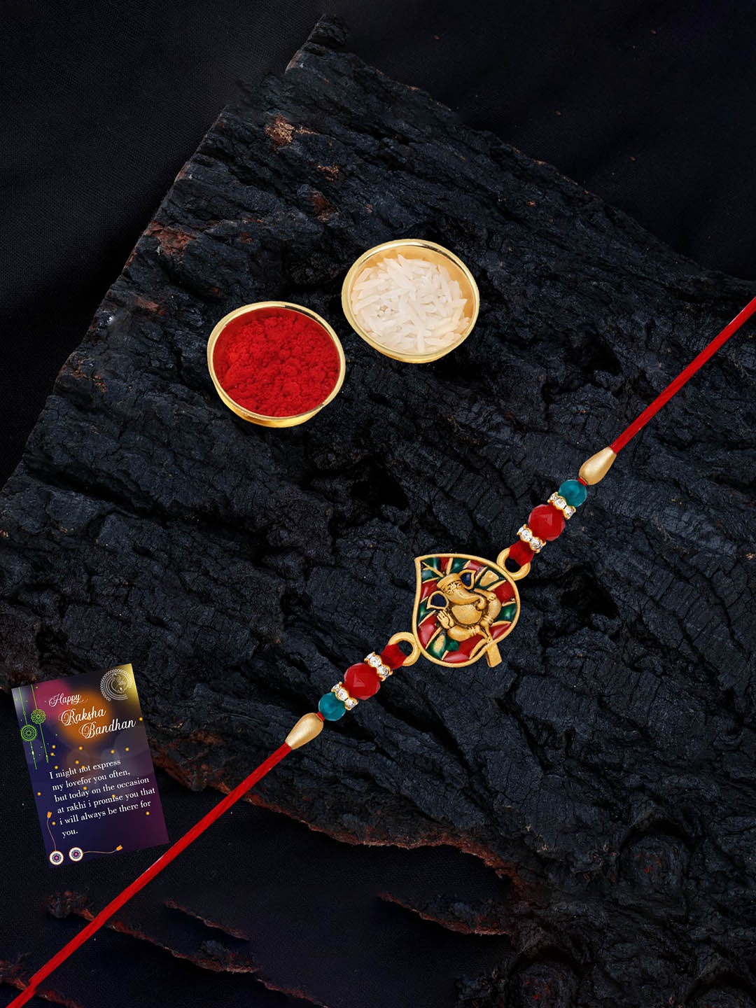 Silver Shine Set Of 2 Beaded and Ganesha Thread Rakhis with Greeting Card & Roli Chawal, Gold
Silver Shine Set Of 2 Beaded and Ganesha Thread Rakhis with Greeting Card & Roli Chawal, Gold