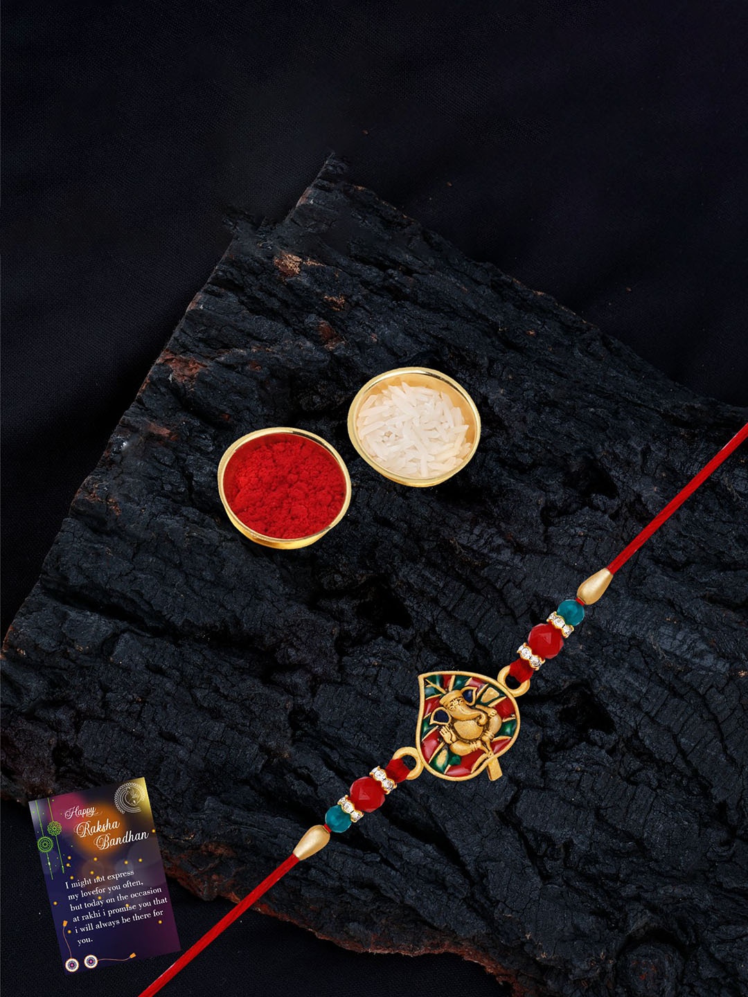 Silver Shine Set Of 2 Beaded and Ganesha Thread Rakhis with Greeting Card & Roli Chawal, Gold
Silver Shine Set Of 2 Beaded and Ganesha Thread Rakhis with Greeting Card & Roli Chawal, Gold