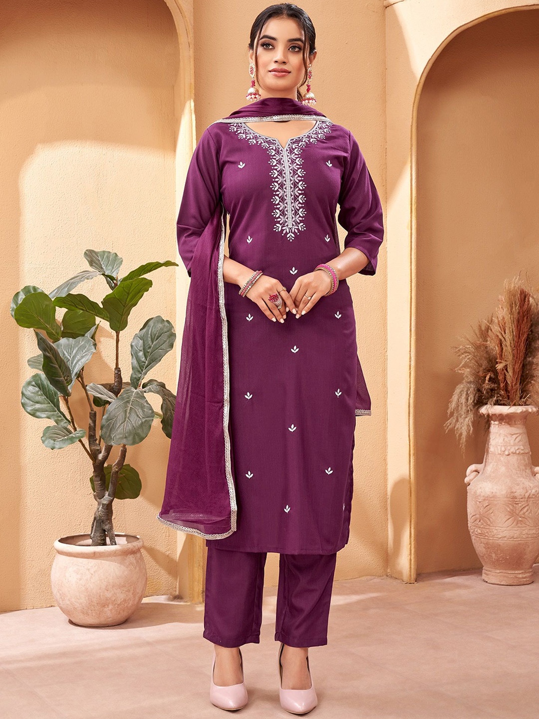 KALINI Ethnic Motifs Embroidered Regular Straight Kurta with Trousers & With Dupatta, Magenta
KALINI Ethnic Motifs Embroidered Regular Straight Kurta with Trousers & With Dupatta, Magenta