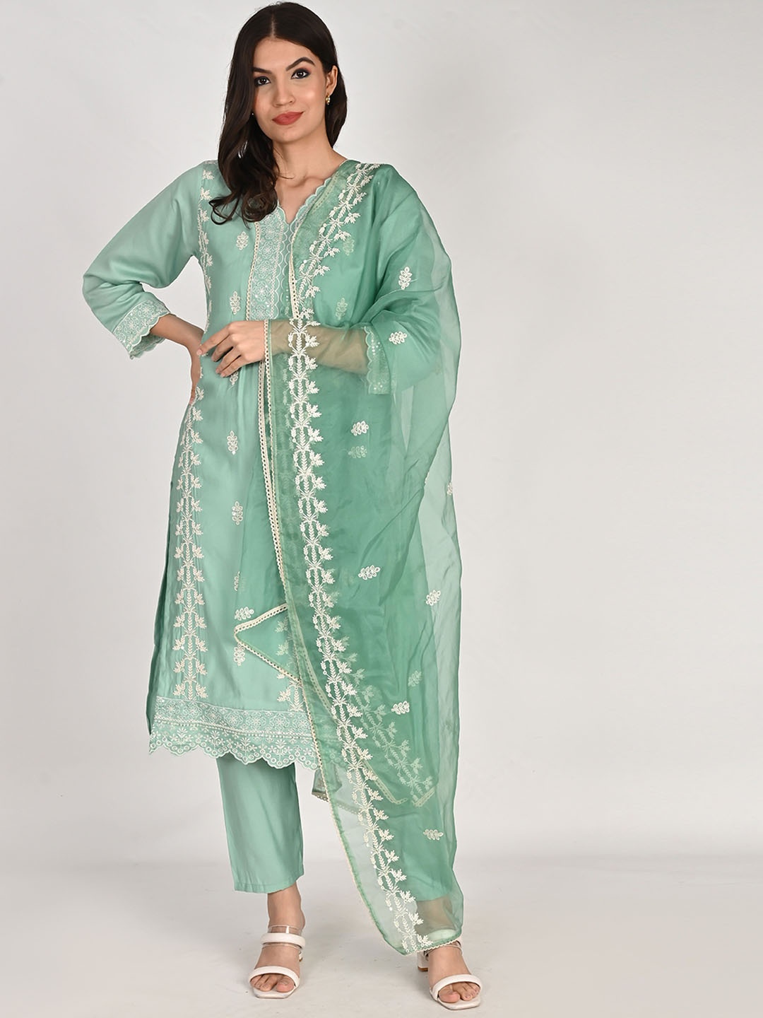 KALINI Floral Embroidered Pure Cotton Straight Kurta & Palazzos With Dupatta, Sea green
KALINI Floral Embroidered Pure Cotton Straight Kurta & Palazzos With Dupatta, Sea green