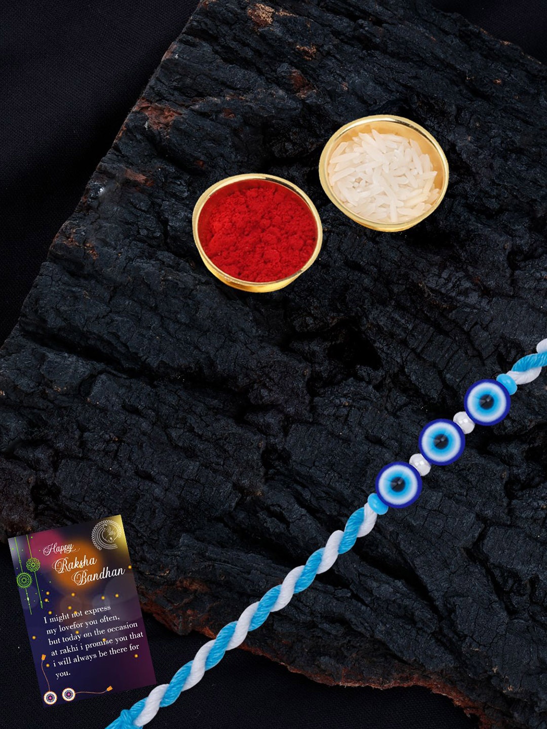 Silver Shine Set Of 2 Evil Eye Beaded Thread Rakhis with Greeting Card & Roli Chawal, Gold
Silver Shine Set Of 2 Evil Eye Beaded Thread Rakhis with Greeting Card & Roli Chawal, Gold