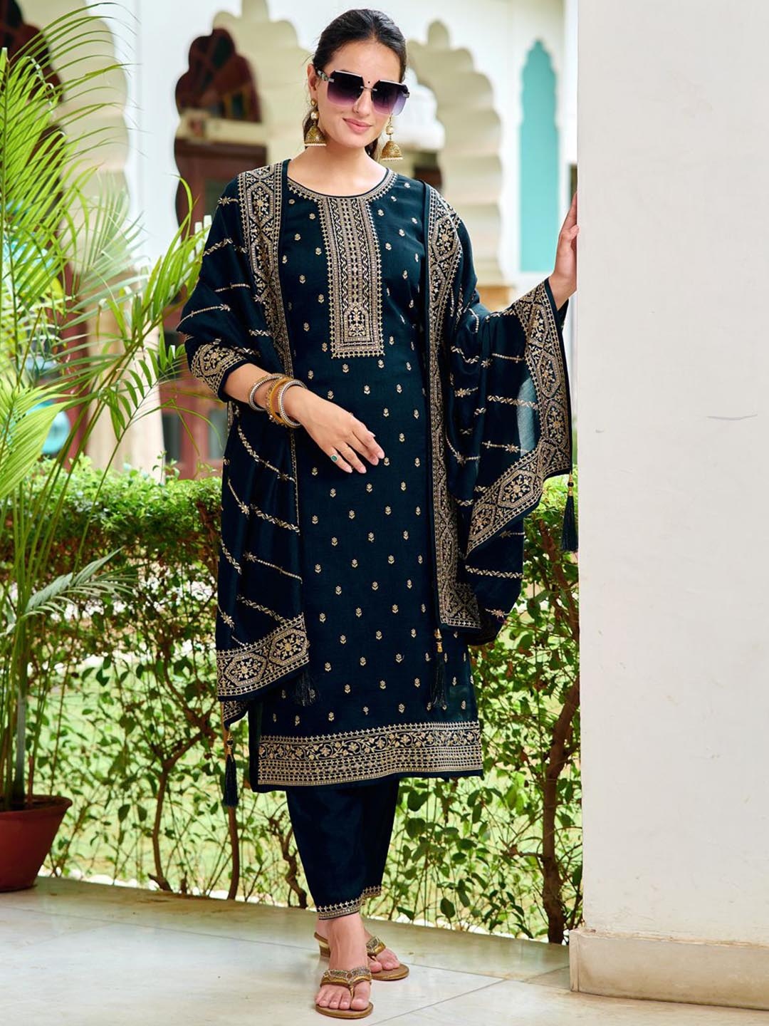 KALINI Floral Embroidered Regular Sequinned Straight Kurta with Trousers & With Dupatta, Navy blue
KALINI Floral Embroidered Regular Sequinned Straight Kurta with Trousers & With Dupatta, Navy blue