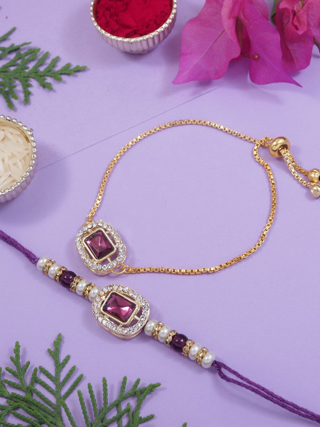 I Jewels Kundan Studded Pearl Bhaiya Bhabhi Lumba Bracelet Rakhis With Roli Chawal, Purple
I Jewels Kundan Studded Pearl Bhaiya Bhabhi Lumba Bracelet Rakhis With Roli Chawal, Purple