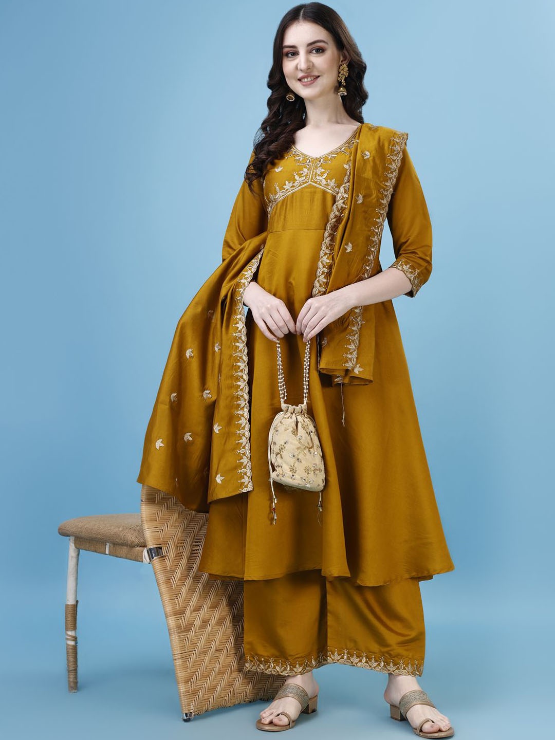 KALINI Ethnic Motifs Embroidered Anarkali Kurta & Palazzos With Dupatta, Yellow
KALINI Ethnic Motifs Embroidered Anarkali Kurta & Palazzos With Dupatta, Yellow