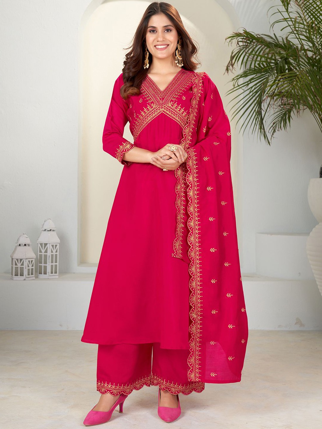 KALINI Ethnic Motifs Embroidered Regular Anarkali Kurta with Palazzos & With Dupatta, Pink
KALINI Ethnic Motifs Embroidered Regular Anarkali Kurta with Palazzos & With Dupatta, Pink