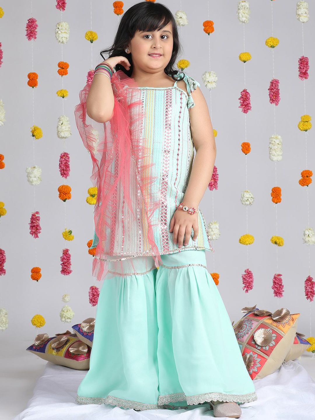 Cutiekins Girls Embroidered Thread Work Georgette Straight Kurta With Sharara & Dupatta, Green
Cutiekins Girls Embroidered Thread Work Georgette Straight Kurta With Sharara & Dupatta, Green