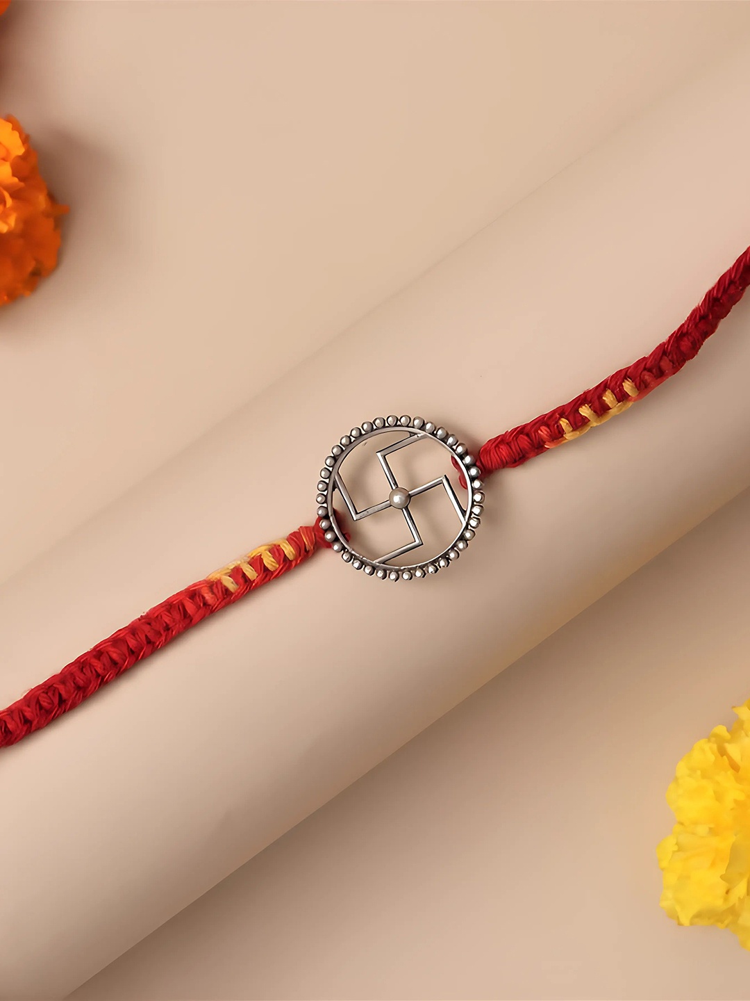 Sangria Silver Plated Swastika Charm Thread Rakhi With Roli Chawal & Greeting Card, Red
Sangria Silver Plated Swastika Charm Thread Rakhi With Roli Chawal & Greeting Card, Red