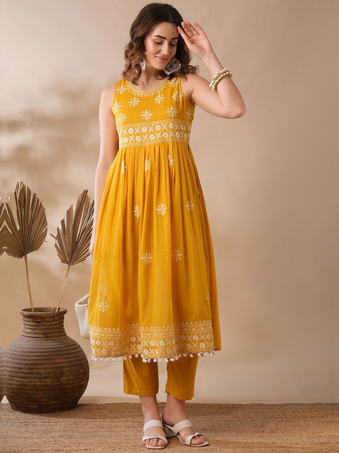 Globus Mustard & White Floral Embroidered Pleated Thread Work Pure Cotton Kurta & Trousers
Globus Mustard & White Floral Embroidered Pleated Thread Work Pure Cotton Kurta & Trousers
