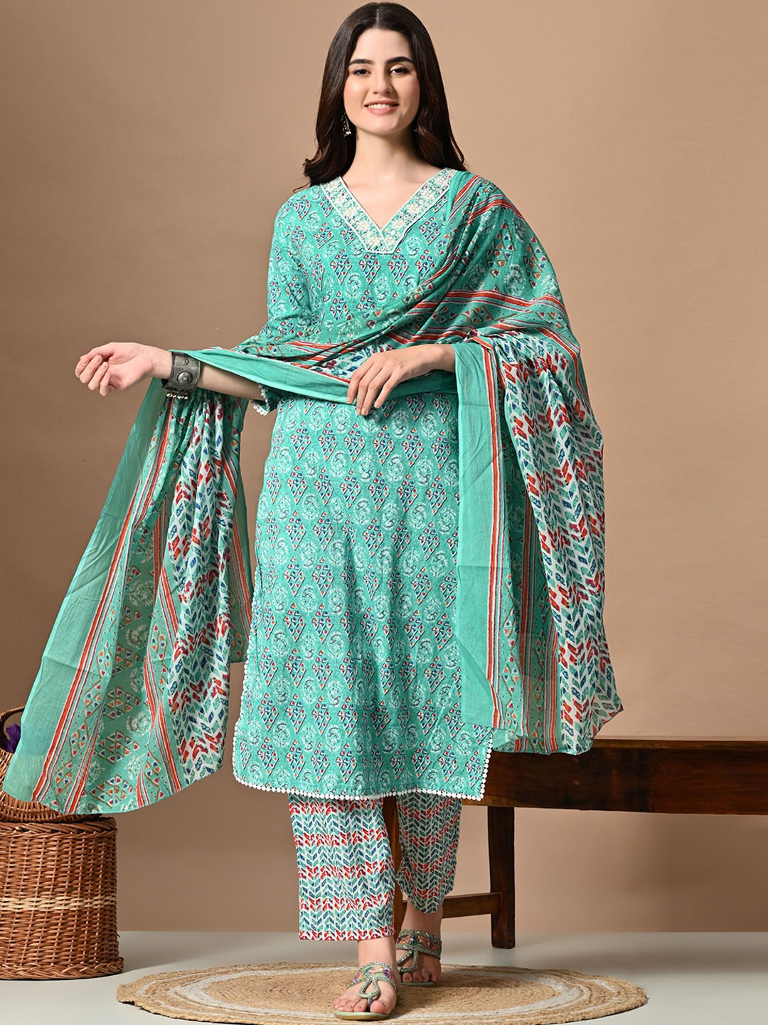 EKAKRITI Floral Printed Mirror Work Straight Kurta With Trouser & Dupatta, Blue
EKAKRITI Floral Printed Mirror Work Straight Kurta With Trouser & Dupatta, Blue