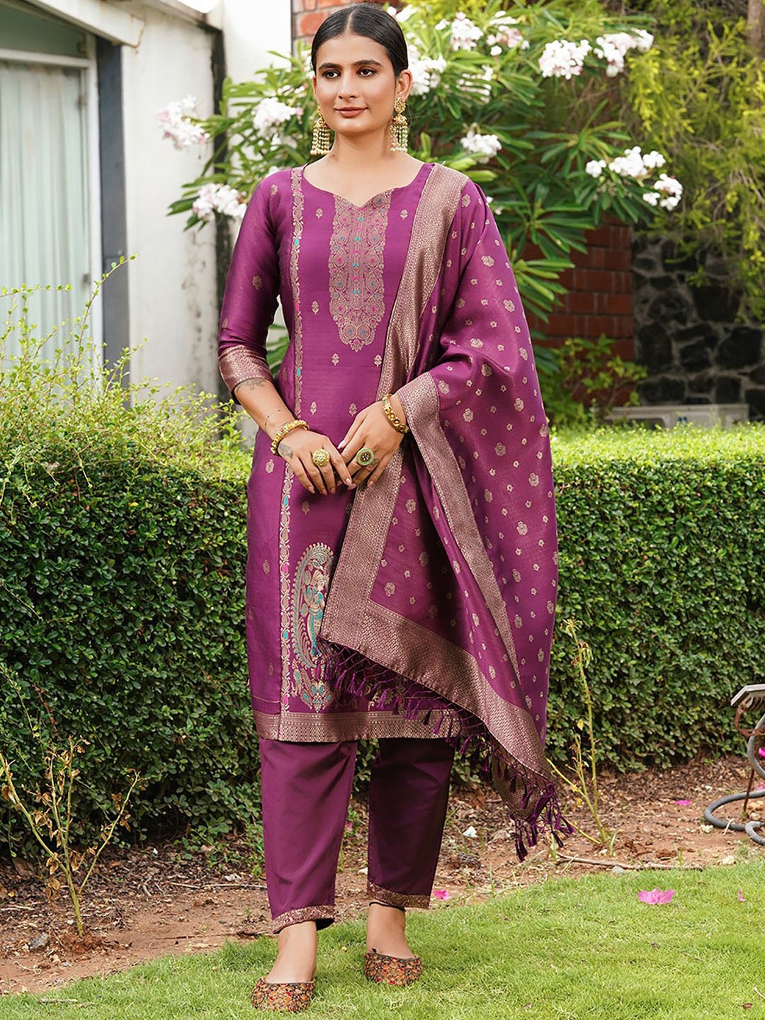 Kedar Fab Floral Woven Design Sweetheart Neck Straight Kurta With Trousers & Duppatta, Purple
Kedar Fab Floral Woven Design Sweetheart Neck Straight Kurta With Trousers & Duppatta, Purple