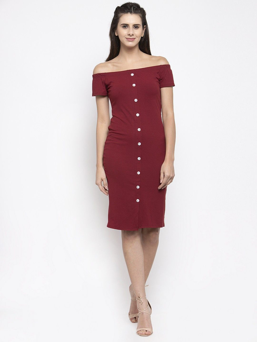 Global Republic Off-Shoulder Sheath Dress, Maroon 
Global Republic Off-Shoulder Sheath Dress, Maroon