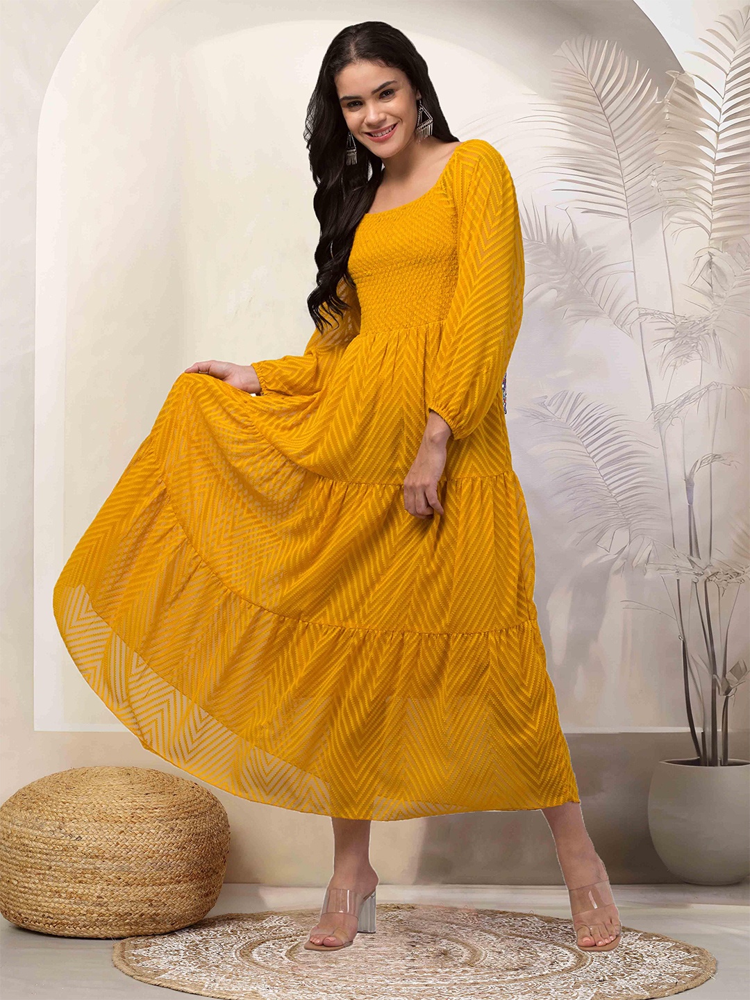 Clora Creation Women Self Design Round Neck Puff Sleeveless Fit and Flare Midi Dress, Mustard
Clora Creation Women Self Design Round Neck Puff Sleeveless Fit and Flare Midi Dress, Mustard