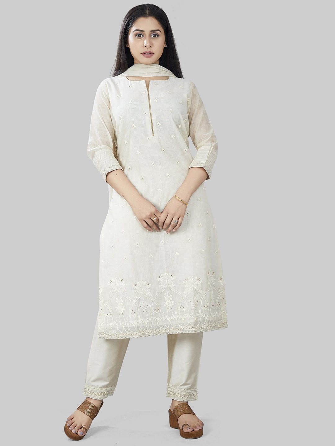 COTTON CULTURE Floral Embroidered Chanderi Cotton Kurta with Trousers & Dupatta, Cream
COTTON CULTURE Floral Embroidered Chanderi Cotton Kurta with Trousers & Dupatta, Cream