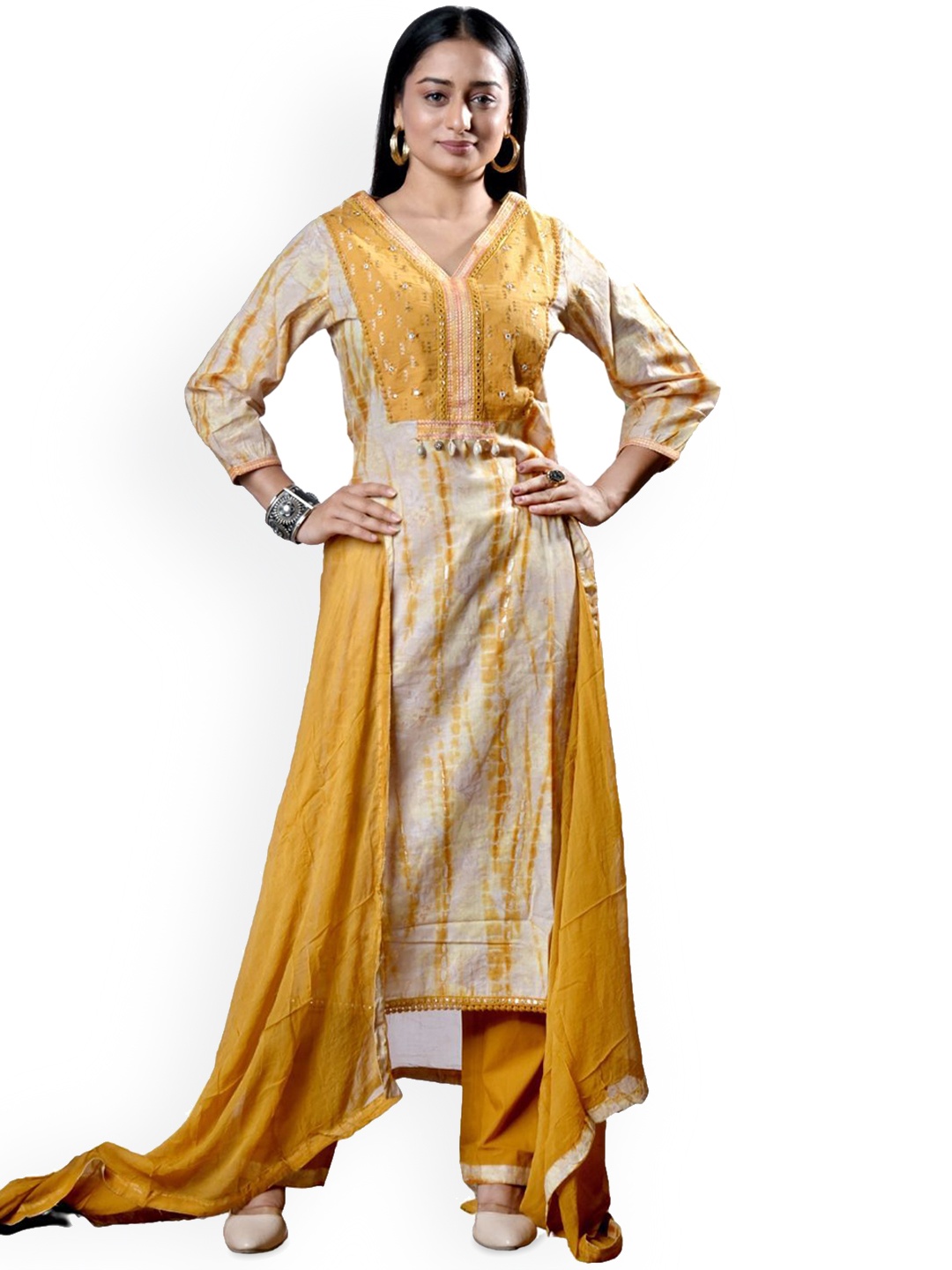 EKISHA Abstract Printed V-Neck Pure Cotton Straight Kurta With Trousers & Dupatta, Yellow
EKISHA Abstract Printed V-Neck Pure Cotton Straight Kurta With Trousers & Dupatta, Yellow