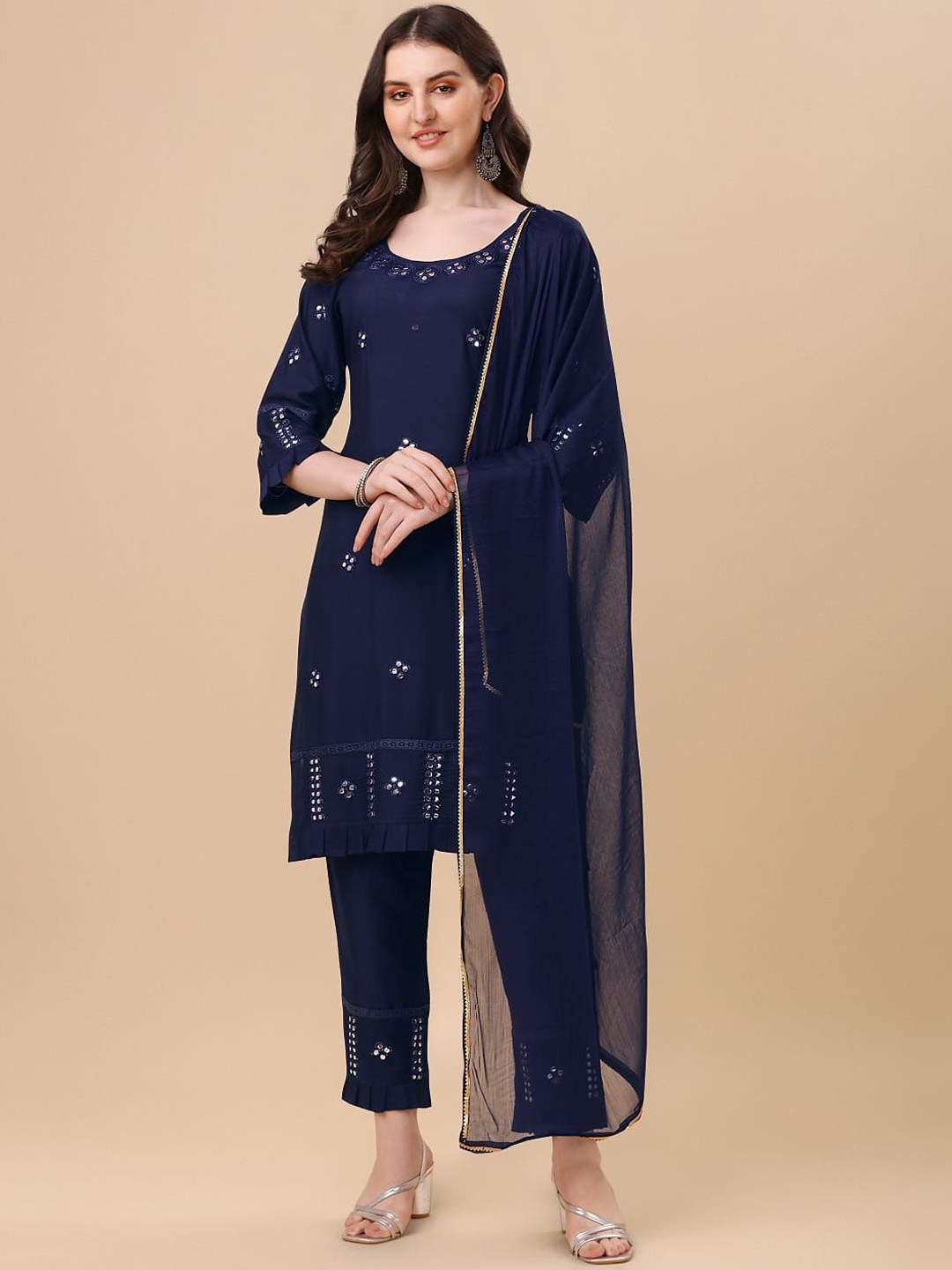 Suha Floral Embroidered Round Neck Mirror Work Straight Kurta With Trousers & Dupatta, Navy blue
Suha Floral Embroidered Round Neck Mirror Work Straight Kurta With Trousers & Dupatta, Navy blue