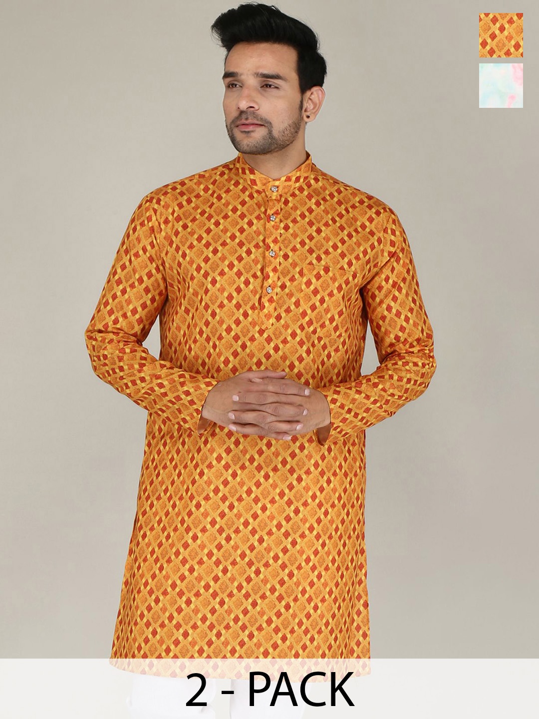 FUBAR Selection Of 2 Printed Mandarin Collar Knitted Weave Pure Cotton Straight Kurtas, Yellow
FUBAR Selection Of 2 Printed Mandarin Collar Knitted Weave Pure Cotton Straight Kurtas, Yellow