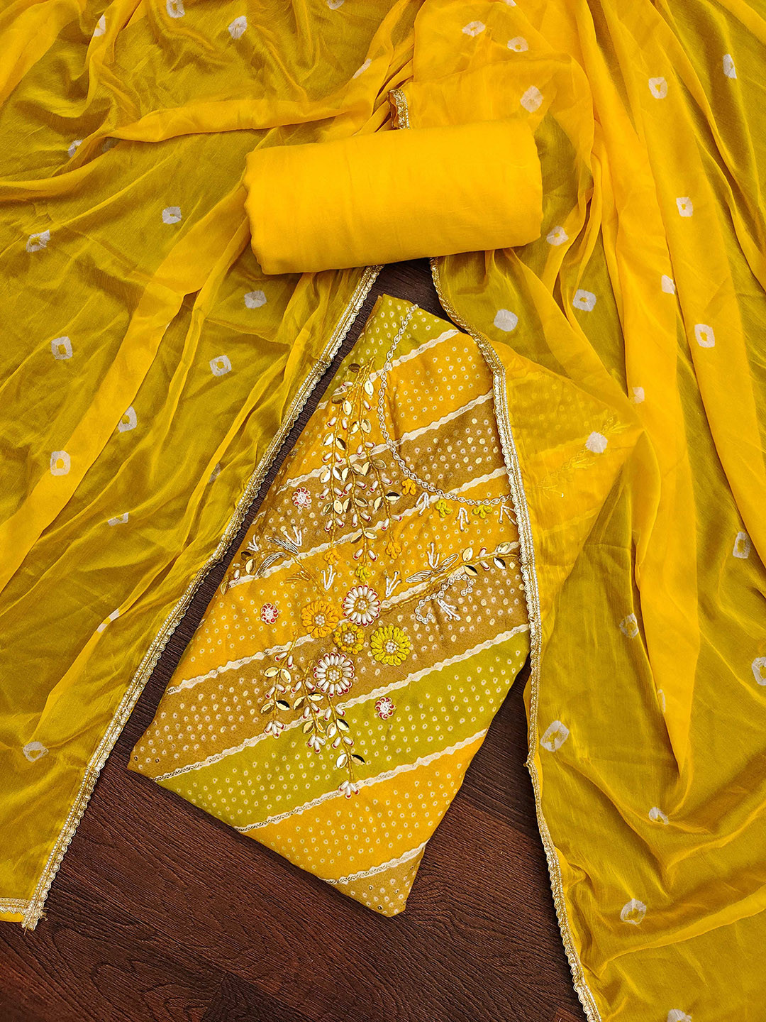 KALINI Bandhani Printed Unstitched Dress Material, Yellow
KALINI Bandhani Printed Unstitched Dress Material, Yellow