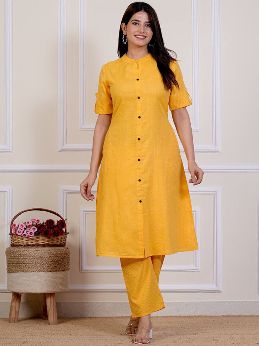 P3D CREATION Striped Mandarin Collar Pure Cotton Straight Kurta with Palazzos, Yellow
P3D CREATION Striped Mandarin Collar Pure Cotton Straight Kurta with Palazzos, Yellow