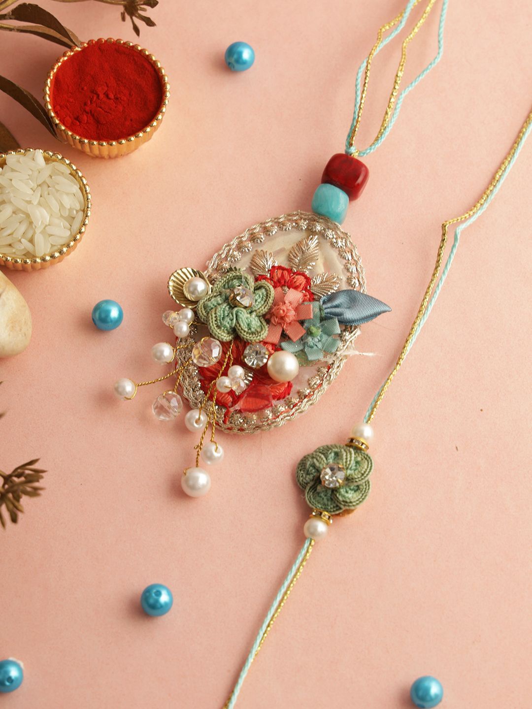 Sangria White Floral Beaded Work Bhaiya Bhabhi Rakhi With Roli Chawal & Greetings Card
Sangria White Floral Beaded Work Bhaiya Bhabhi Rakhi With Roli Chawal & Greetings Card