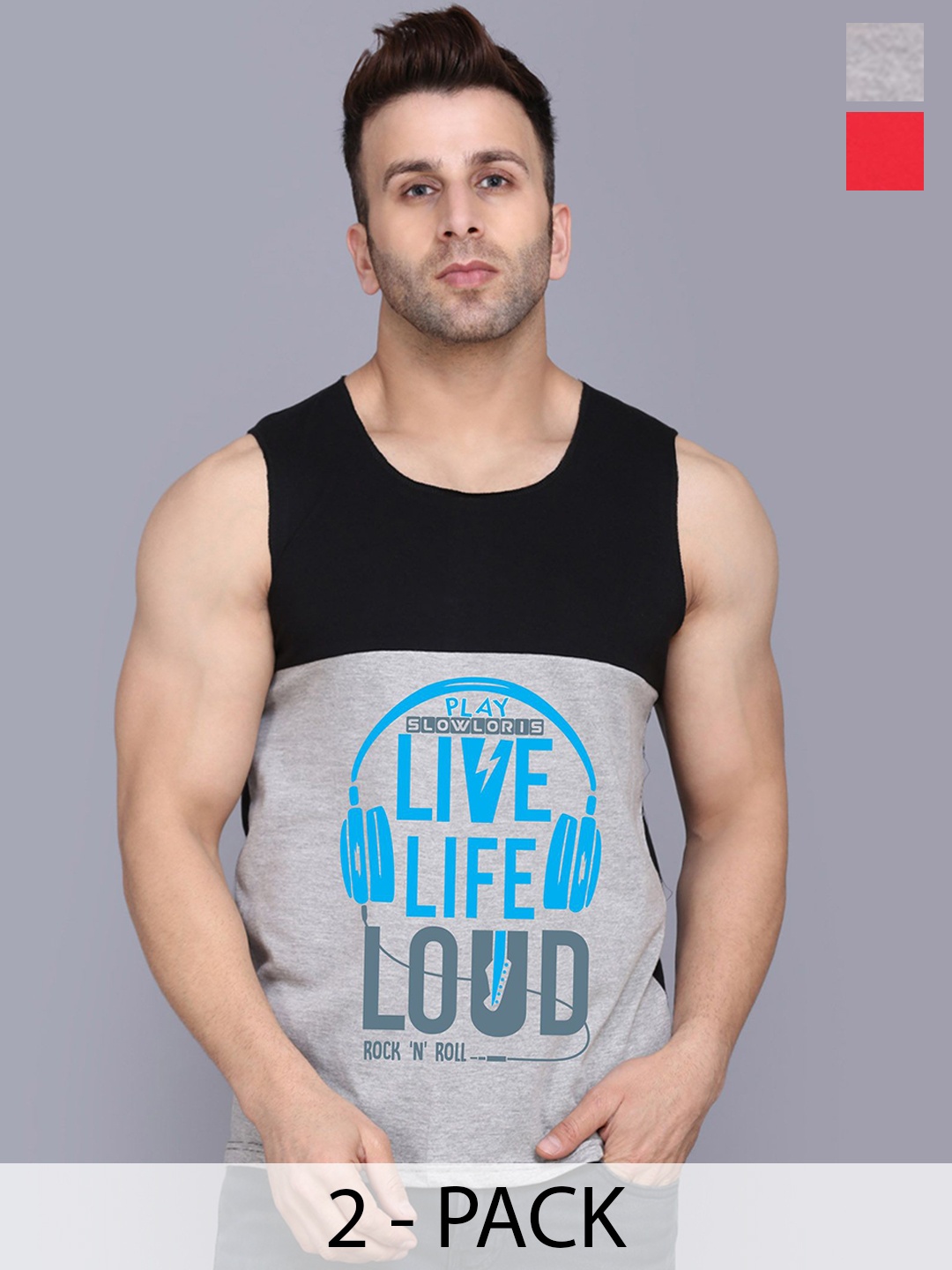 SLOWLORIS Men Pack Of 2 Printed Gym Innerwear Vests SL26 COMBO (LOUD BLKGRY) (ADV BLKRED), Black
SLOWLORIS Men Pack Of 2 Printed Gym Innerwear Vests SL26 COMBO (LOUD BLKGRY) (ADV BLKRED), Black