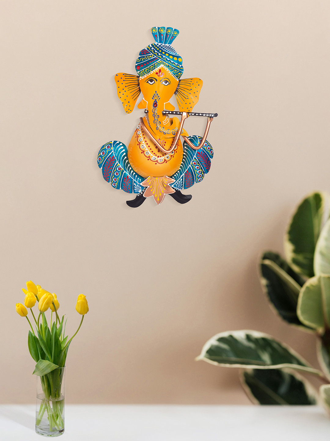 Golden Peacock Blue & Yellow Printed Ganesh Playing Musical Metal Wall Decor 
Golden Peacock Blue & Yellow Printed Ganesh Playing Musical Metal Wall Decor
