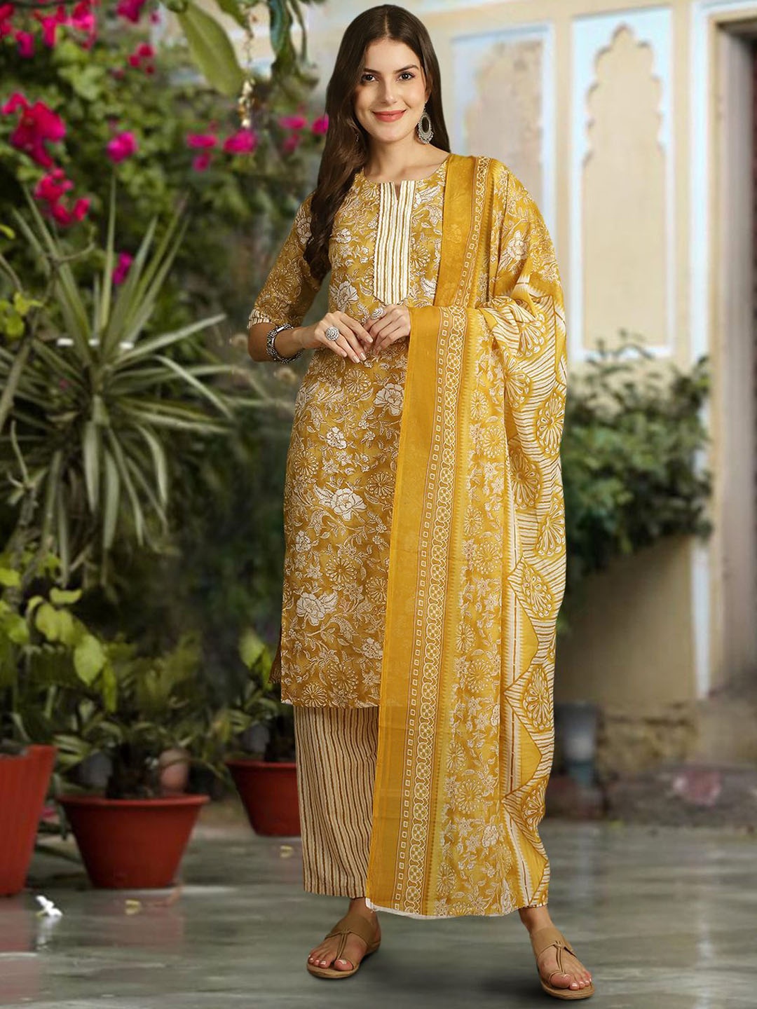 Ethnic basket Floral Printed Pure Cotton Straight Kurta with Trousers & Dupatta, Mustard
Ethnic basket Floral Printed Pure Cotton Straight Kurta with Trousers & Dupatta, Mustard