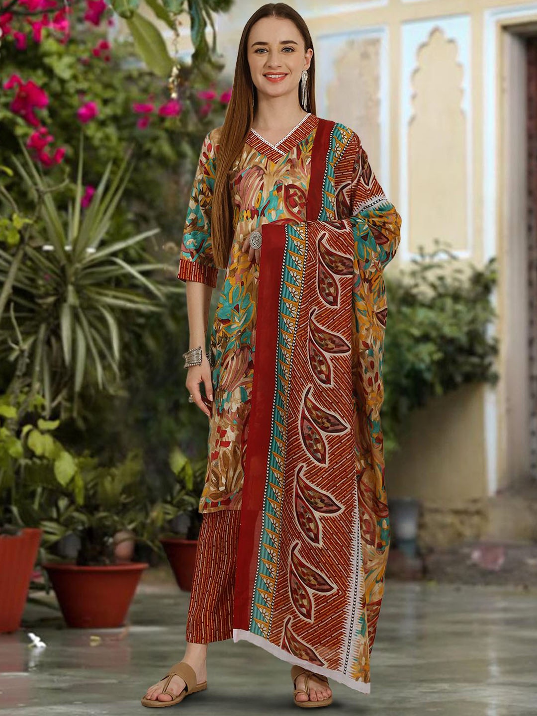 Ethnic basket Floral Printed V Neck Pure Cotton Straight Kurta With Trousers & Dupatta, Mustard
Ethnic basket Floral Printed V Neck Pure Cotton Straight Kurta With Trousers & Dupatta, Mustard