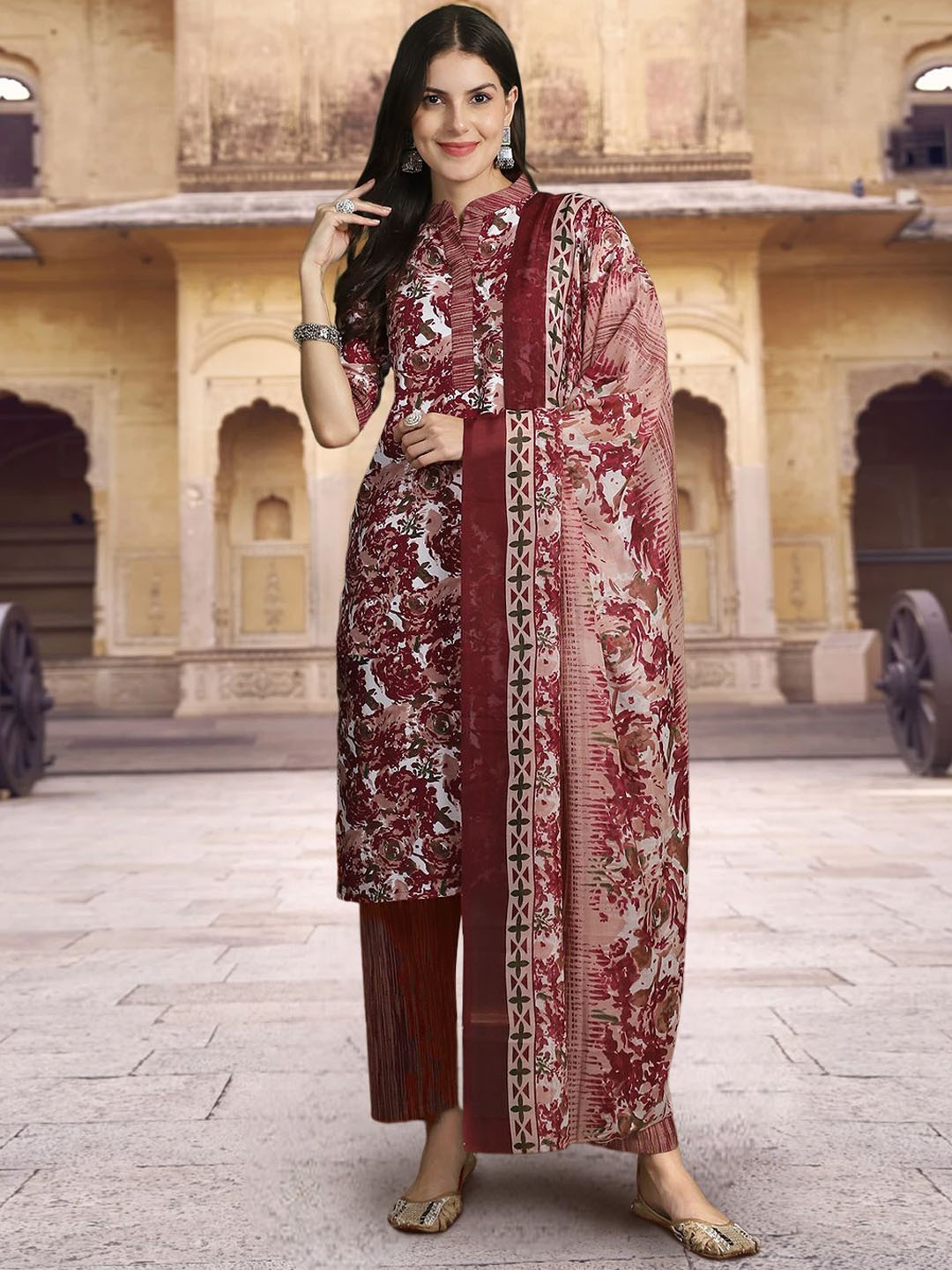 Ethnic basket Floral Printed Mandarin Collar Pure Cotton Kurta With Trousers & Dupatta, Maroon
Ethnic basket Floral Printed Mandarin Collar Pure Cotton Kurta With Trousers & Dupatta, Maroon