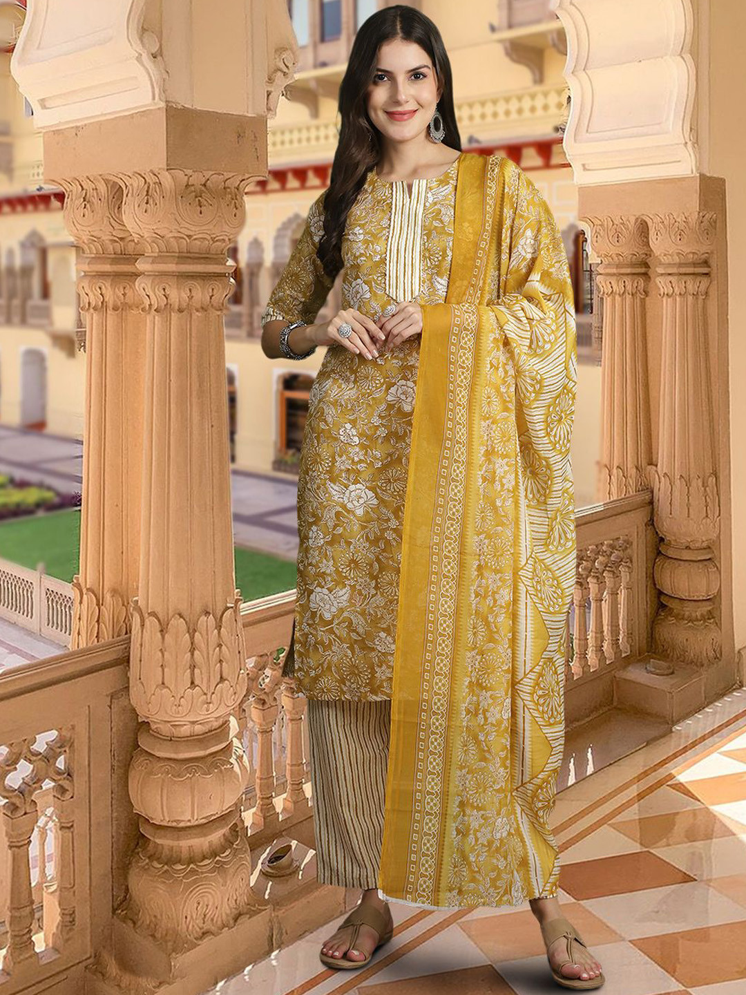 Ethnic basket Floral Printed Pure Cotton Straight Kurta With Trousers & Dupatta, Mustard
Ethnic basket Floral Printed Pure Cotton Straight Kurta With Trousers & Dupatta, Mustard