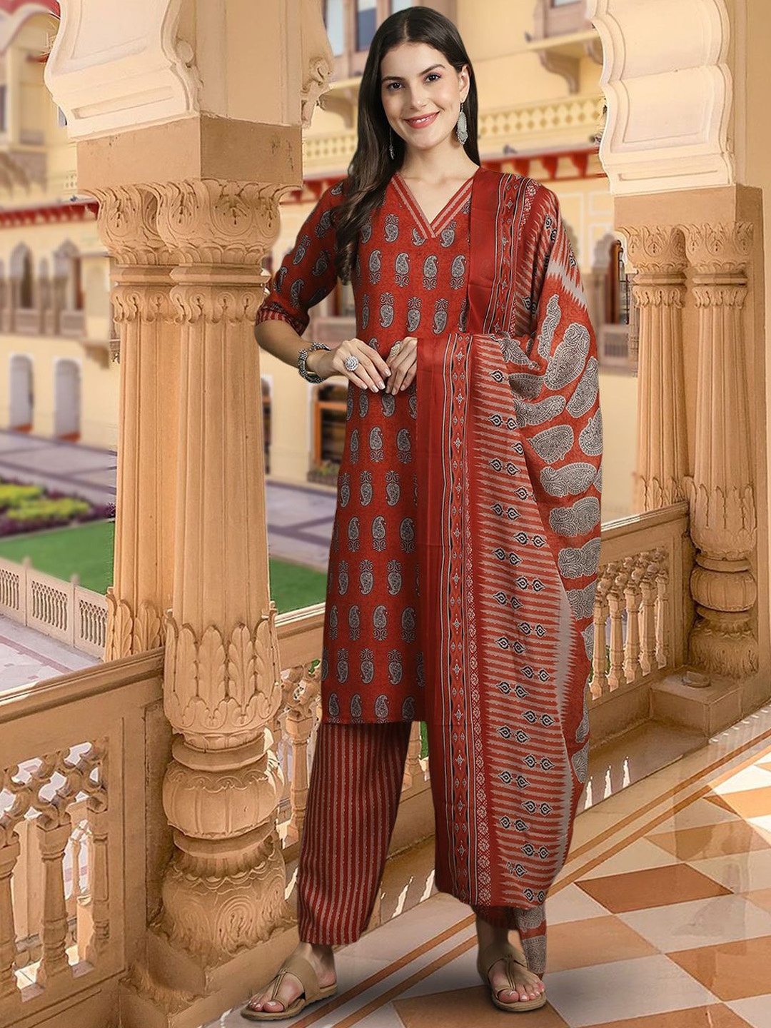 Ethnic basket Floral Printed V-Neck Pure Cotton Straight Kurta With Trousers & Dupatta, Red
Ethnic basket Floral Printed V-Neck Pure Cotton Straight Kurta With Trousers & Dupatta, Red