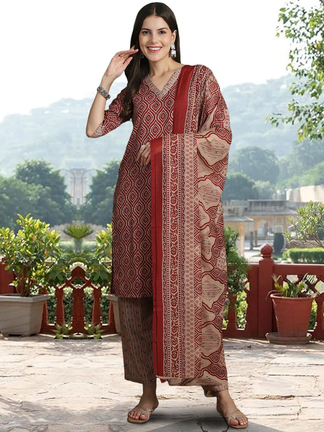 Ethnic basket Floral Printed Pure Cotton Straight Kurta with Trousers & Dupatta, Maroon
Ethnic basket Floral Printed Pure Cotton Straight Kurta with Trousers & Dupatta, Maroon