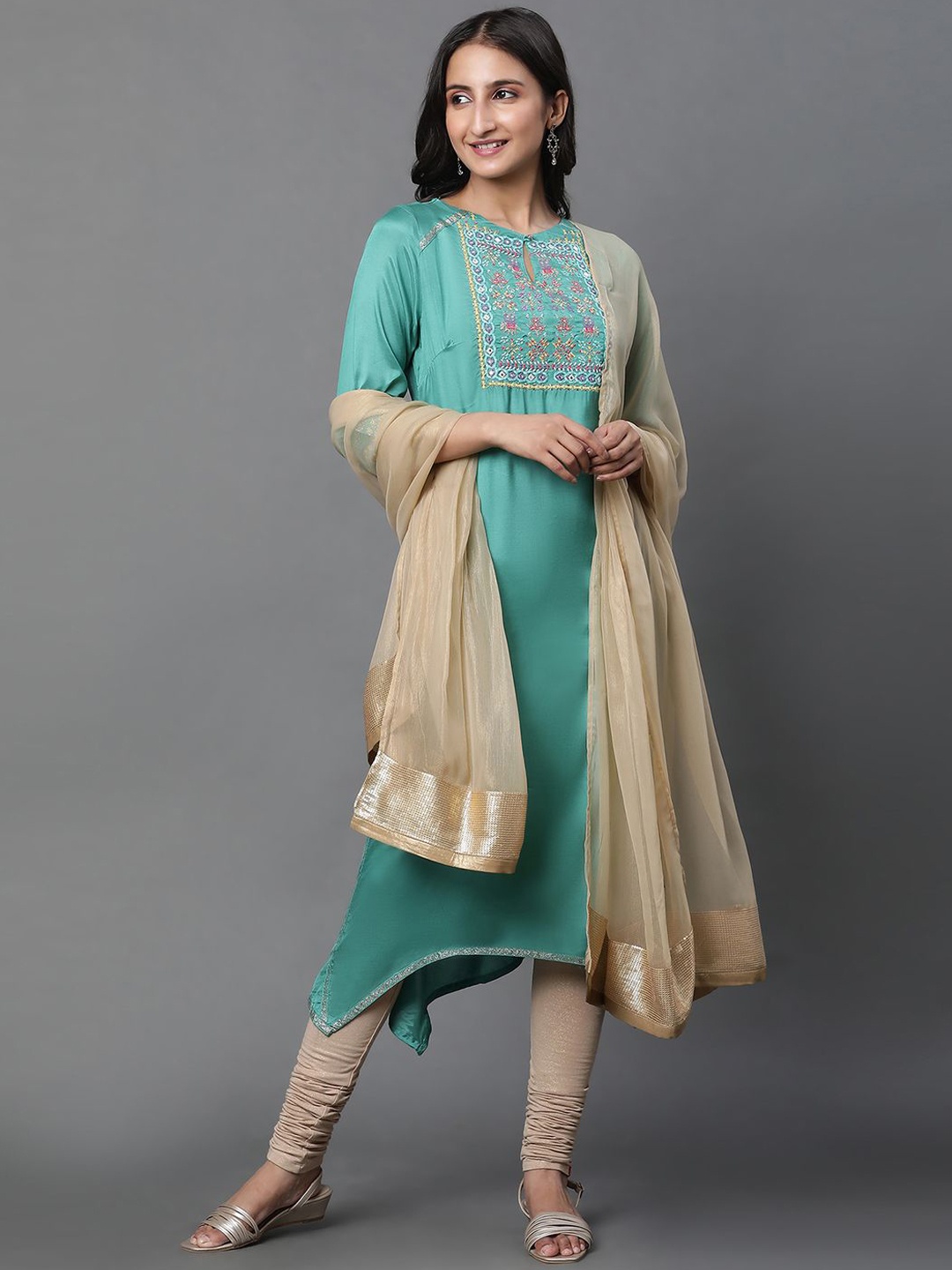W Floral Embroidered Keyhole Neck Thread Work A Line Kurta with Churidar & Dupatta, Green
W Floral Embroidered Keyhole Neck Thread Work A Line Kurta with Churidar & Dupatta, Green