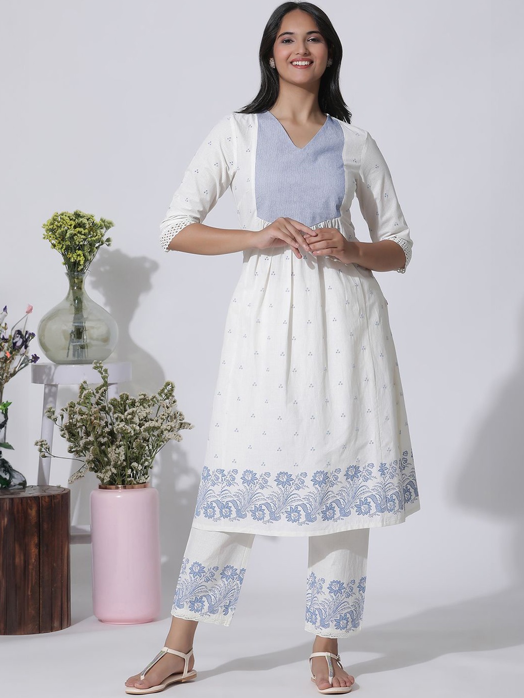 W Floral Printed Thread Work Pure Cotton A-Line Kurta with Trousers, White
W Floral Printed Thread Work Pure Cotton A-Line Kurta with Trousers, White