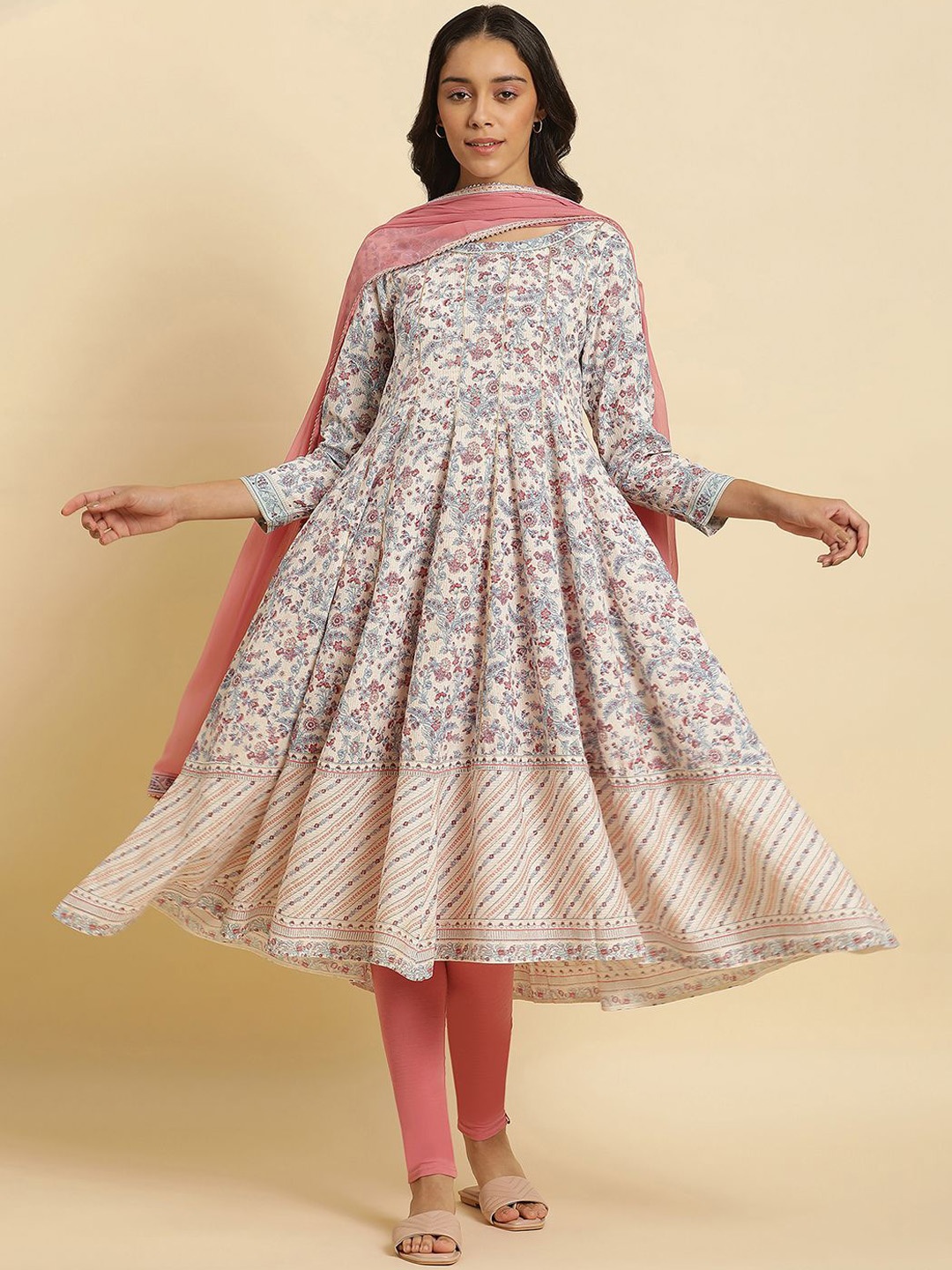 W Floral Printed Round Neck Gotta Patti Anarkali Kurta With Leggings & Dupatta, Cream
W Floral Printed Round Neck Gotta Patti Anarkali Kurta With Leggings & Dupatta, Cream