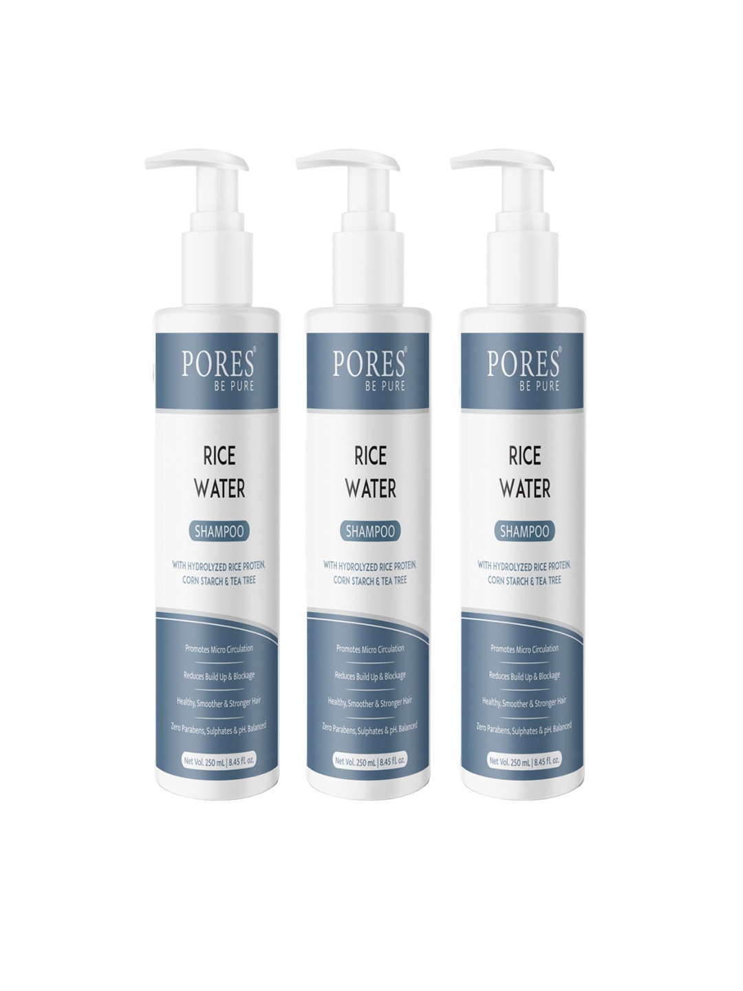 PORES Be Pure Set of 3 Rice Water Shampoo with Corn Starch & Tea Tree - 250 ml each, White
PORES Be Pure Set of 3 Rice Water Shampoo with Corn Starch & Tea Tree - 250 ml each, White