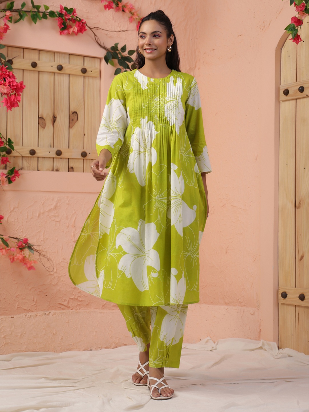 INDYES Floral Printed Pleated Kantha Work Pure Cotton A-Line Kurta With Trouser, Lime green
INDYES Floral Printed Pleated Kantha Work Pure Cotton A-Line Kurta With Trouser, Lime green
