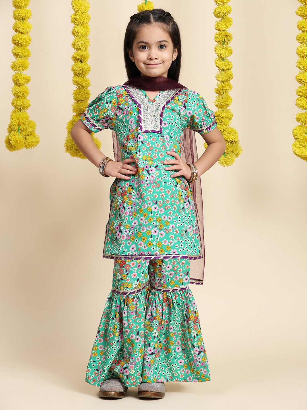 Cutiekins Girls Floral Printed Empire Gotta Patti A-Line Kurta With Sharara & Dupatta, Sea green
Cutiekins Girls Floral Printed Empire Gotta Patti A-Line Kurta With Sharara & Dupatta, Sea green