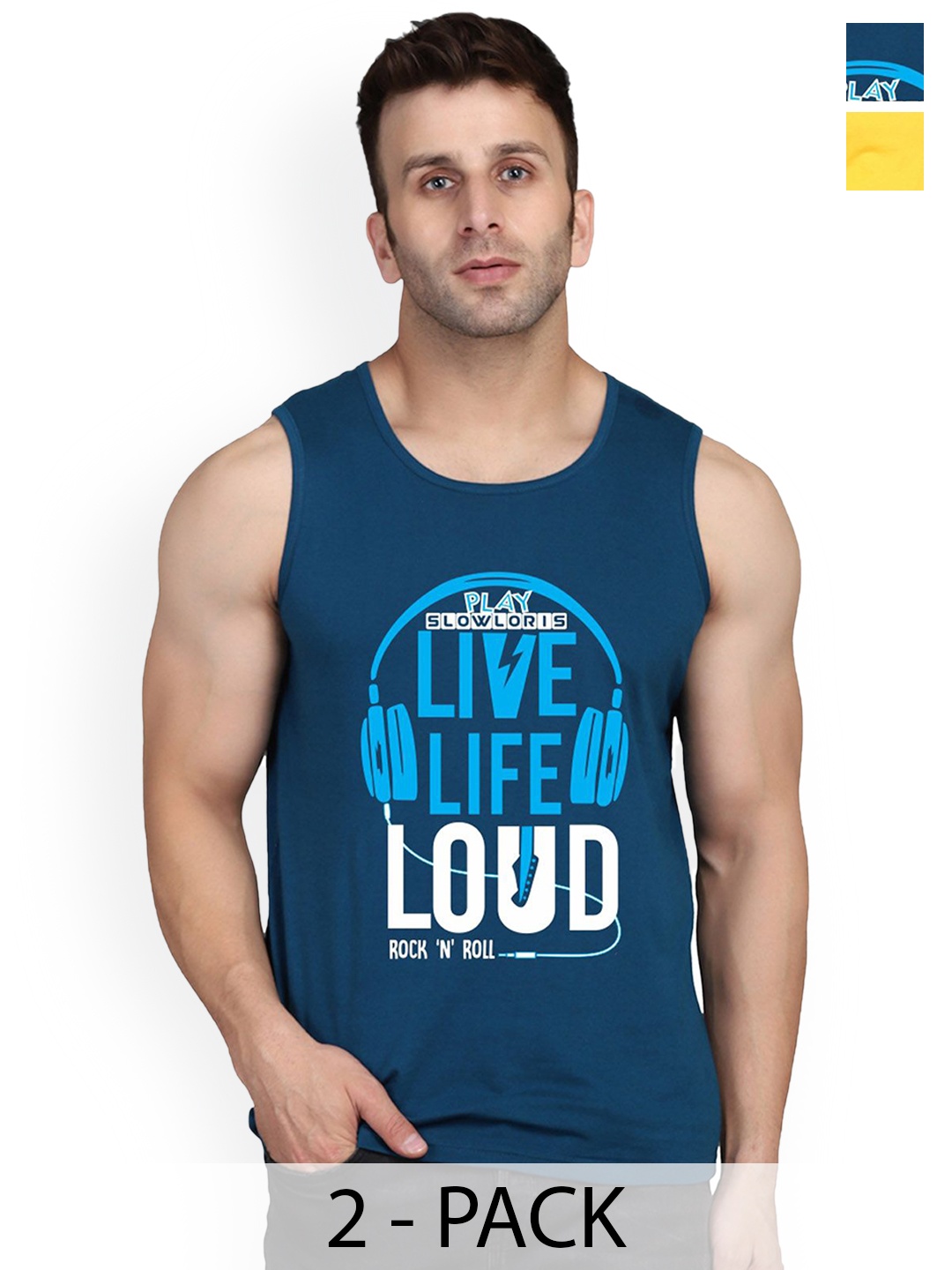 SLOWLORIS Pack Of 2 Men Printed Cotton Vests- SL26 COMBO (LOUD PEACOCK) (ADV YELLOW), Teal
SLOWLORIS Pack Of 2 Men Printed Cotton Vests- SL26 COMBO (LOUD PEACOCK) (ADV YELLOW), Teal
