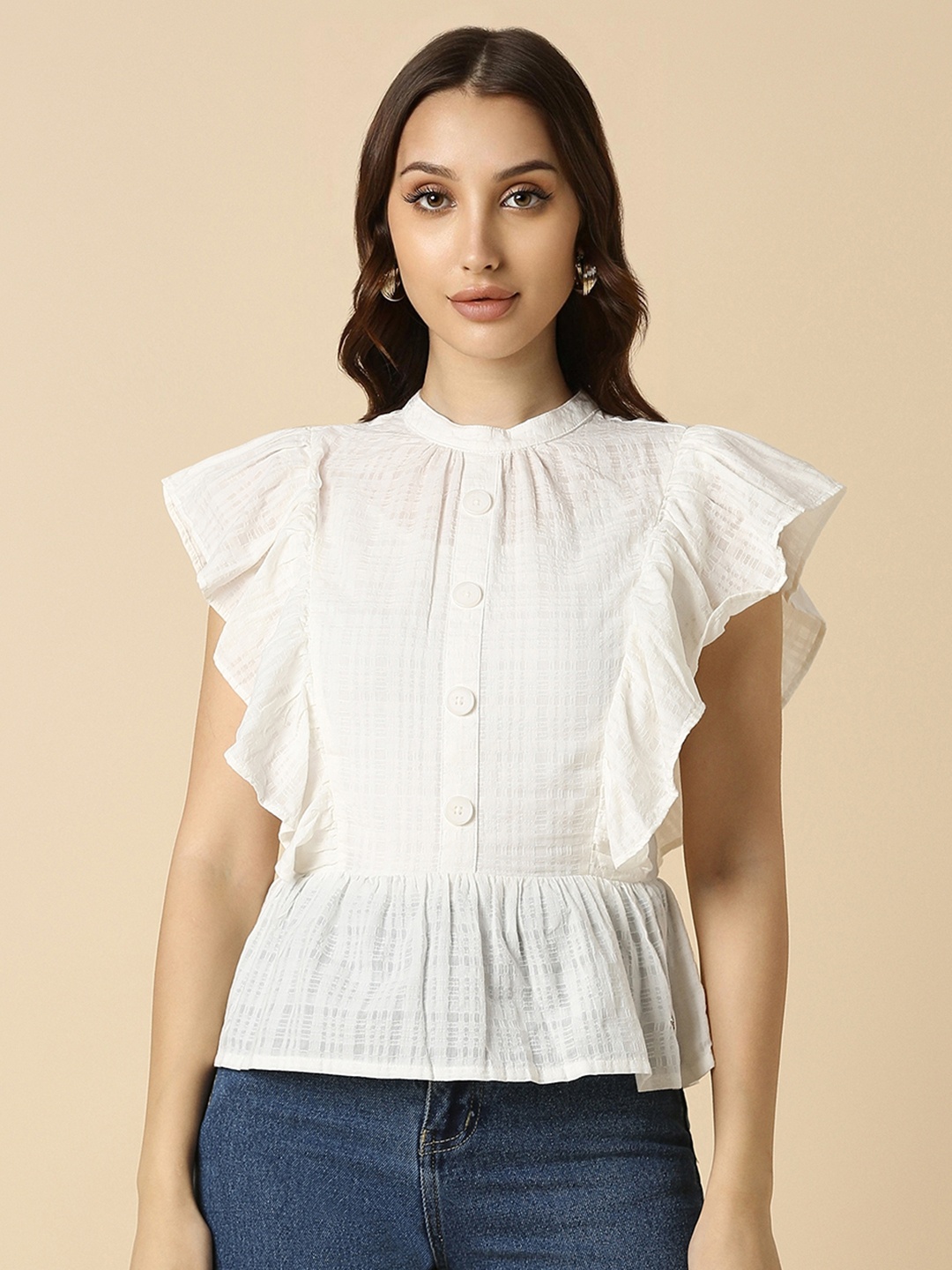 Allen Solly Woman Checked Mandarin Collar Flutter Sleeve Pure Cotton Peplum Top, White
Allen Solly Woman Checked Mandarin Collar Flutter Sleeve Pure Cotton Peplum Top, White