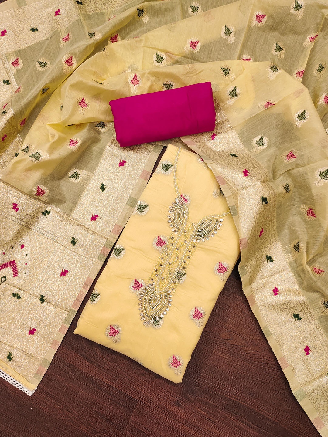 KIMISHA Ethnic Motifs Woven Design Beads and Stones Unstitched Dress Material, Yellow
KIMISHA Ethnic Motifs Woven Design Beads and Stones Unstitched Dress Material, Yellow