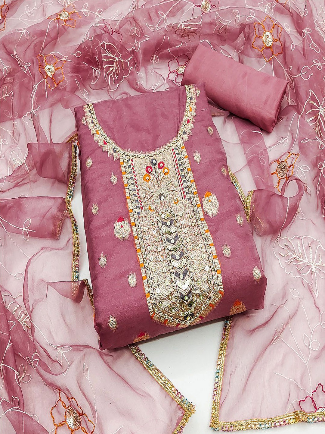 Lilots Floral Embroidered Sequinned Organza Jacquard Unstitched Dress Material, Pink
Lilots Floral Embroidered Sequinned Organza Jacquard Unstitched Dress Material, Pink