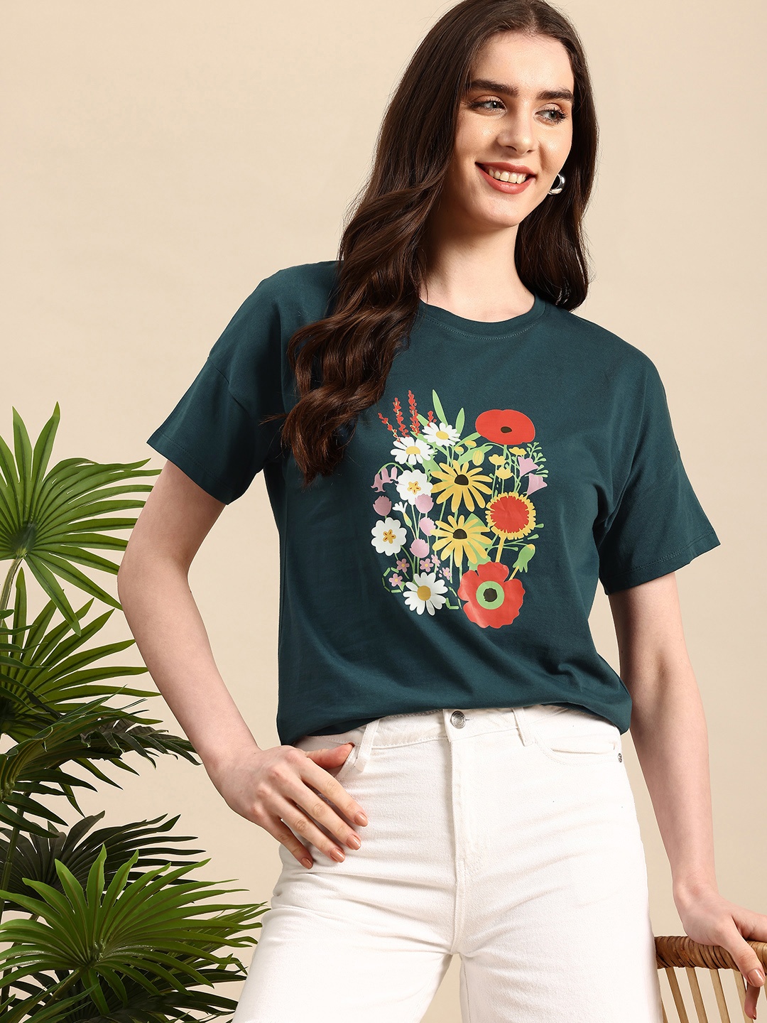 Mast & Harbour Floral Printed Drop-Shoulder Sleeves Pure Cotton Relaxed Fit T-shirt, Teal
Mast & Harbour Floral Printed Drop-Shoulder Sleeves Pure Cotton Relaxed Fit T-shirt, Teal