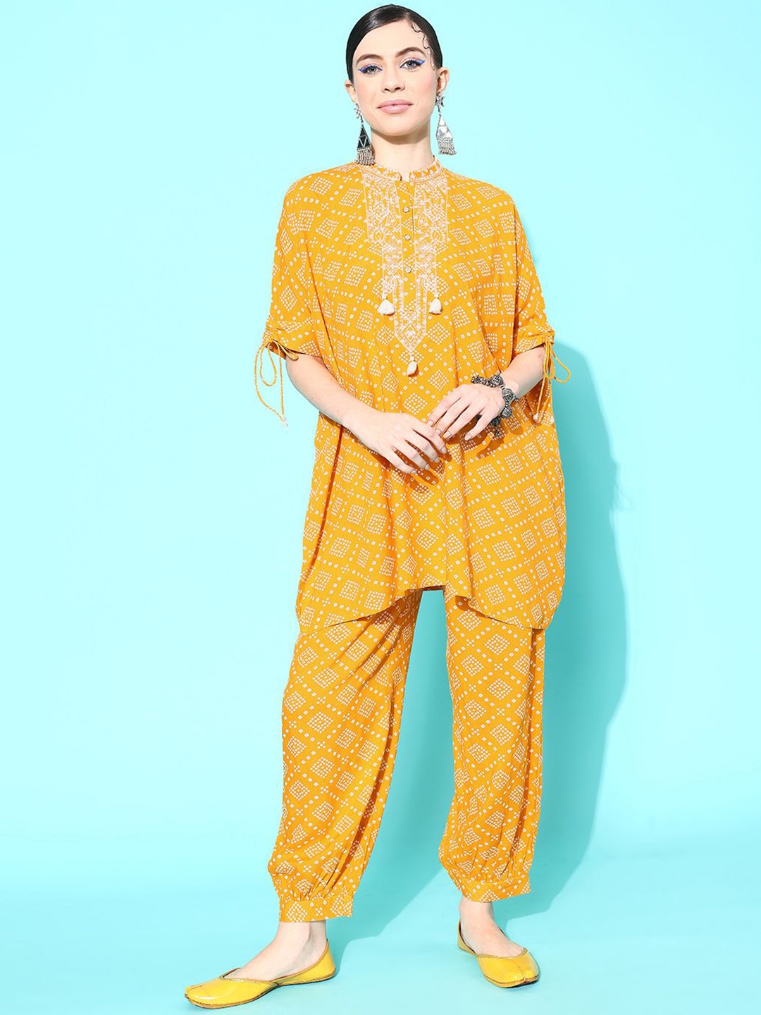 Nayam By Lakshita Bandhani Printed Mandarin Collar Mirror Work Kaftan Kurta With Palazzos, Yellow
Nayam By Lakshita Bandhani Printed Mandarin Collar Mirror Work Kaftan Kurta With Palazzos, Yellow