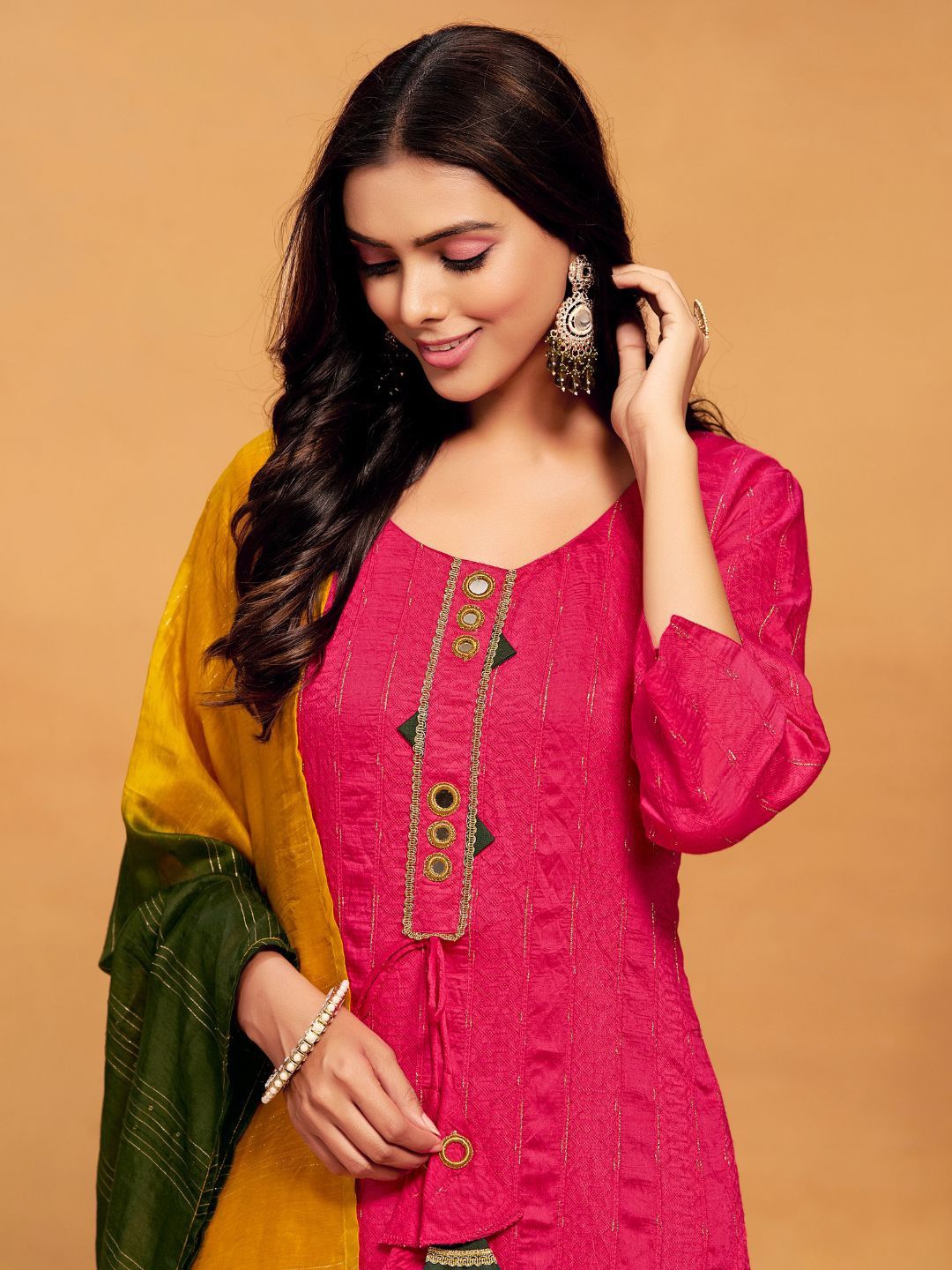 KALINI Striped Mirror Work Chanderi Silk Straight Kurta with Trousers & Dupatta, Pink
KALINI Striped Mirror Work Chanderi Silk Straight Kurta with Trousers & Dupatta, Pink