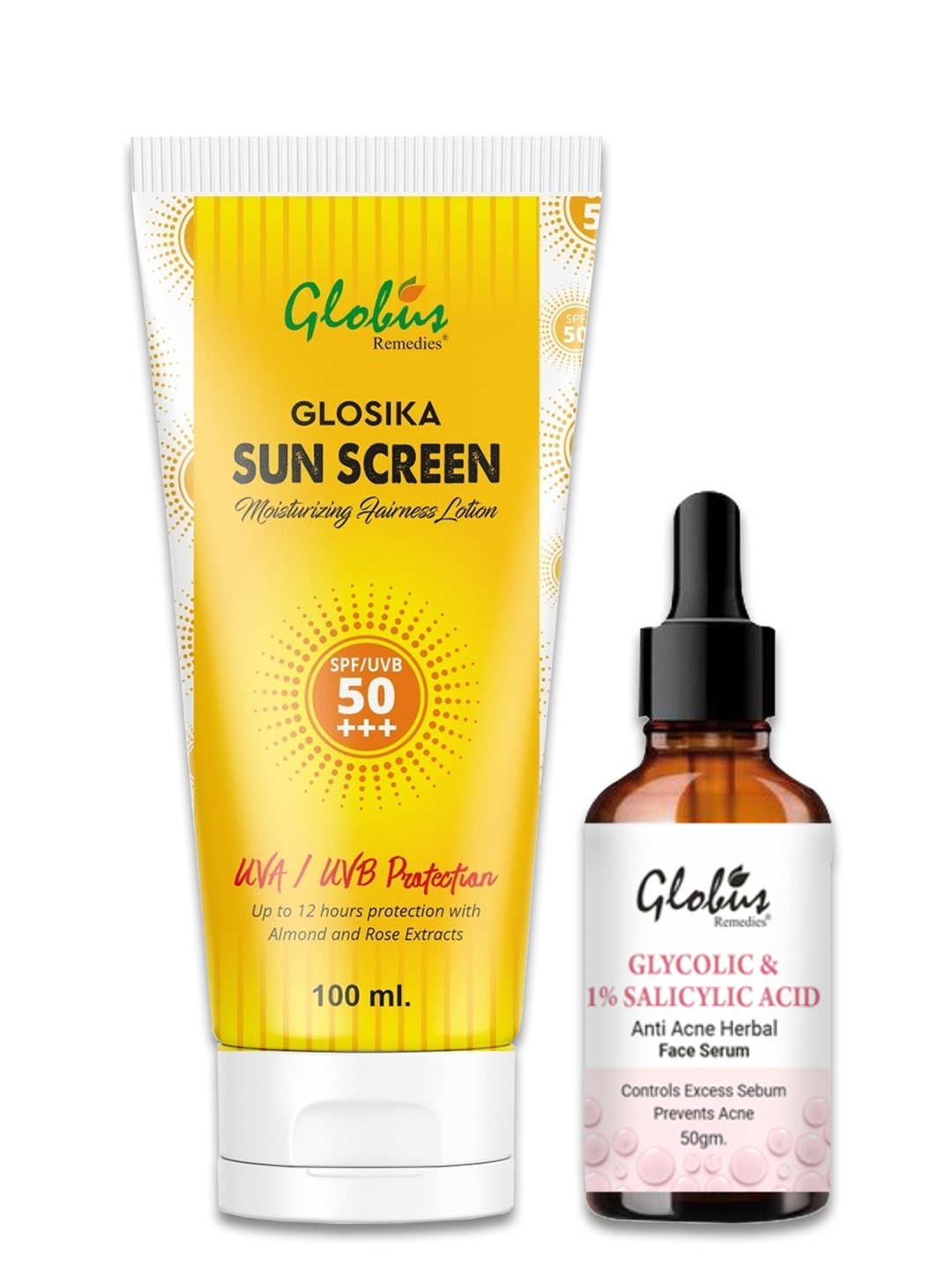 Globus naturals Glosika Sunscreen SPF 50++ & Anti Acne Herbal Face Serum 100ml & 50g, Yellow
Globus naturals Glosika Sunscreen SPF 50++ & Anti Acne Herbal Face Serum 100ml & 50g, Yellow