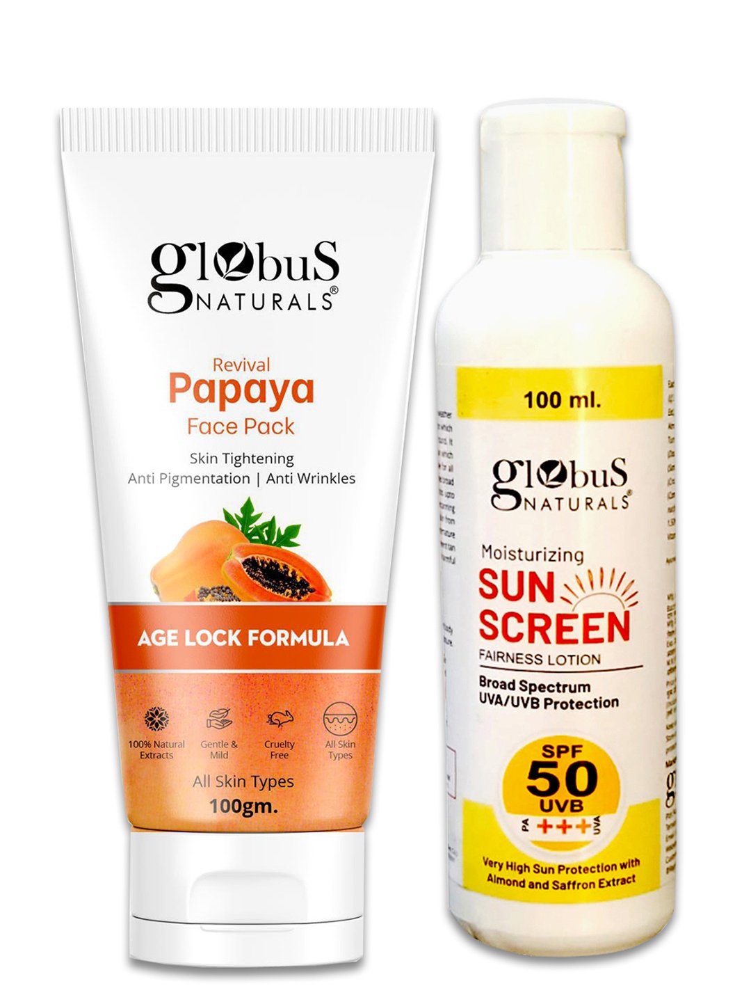 Globus naturals Summer Sizzle Sunscreen Lotion SPF 50++ & Papaya Face Pack-100ml Each, Off white
Globus naturals Summer Sizzle Sunscreen Lotion SPF 50++ & Papaya Face Pack-100ml Each, Off white