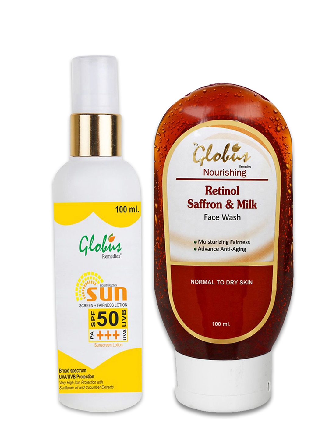Globus naturals Sunscreen Lotion SPF 50++ 100 ml & Retinol Saffron Milk Face Wash 100ml, Off white
Globus naturals Sunscreen Lotion SPF 50++ 100 ml & Retinol Saffron Milk Face Wash 100ml, Off white