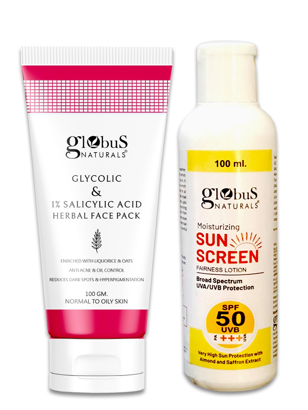 Globus naturals Sunscreen Lotion SPF 50++ 100 ml & Glycolic Face Pack 100 gm, Off white
Globus naturals Sunscreen Lotion SPF 50++ 100 ml & Glycolic Face Pack 100 gm, Off white
