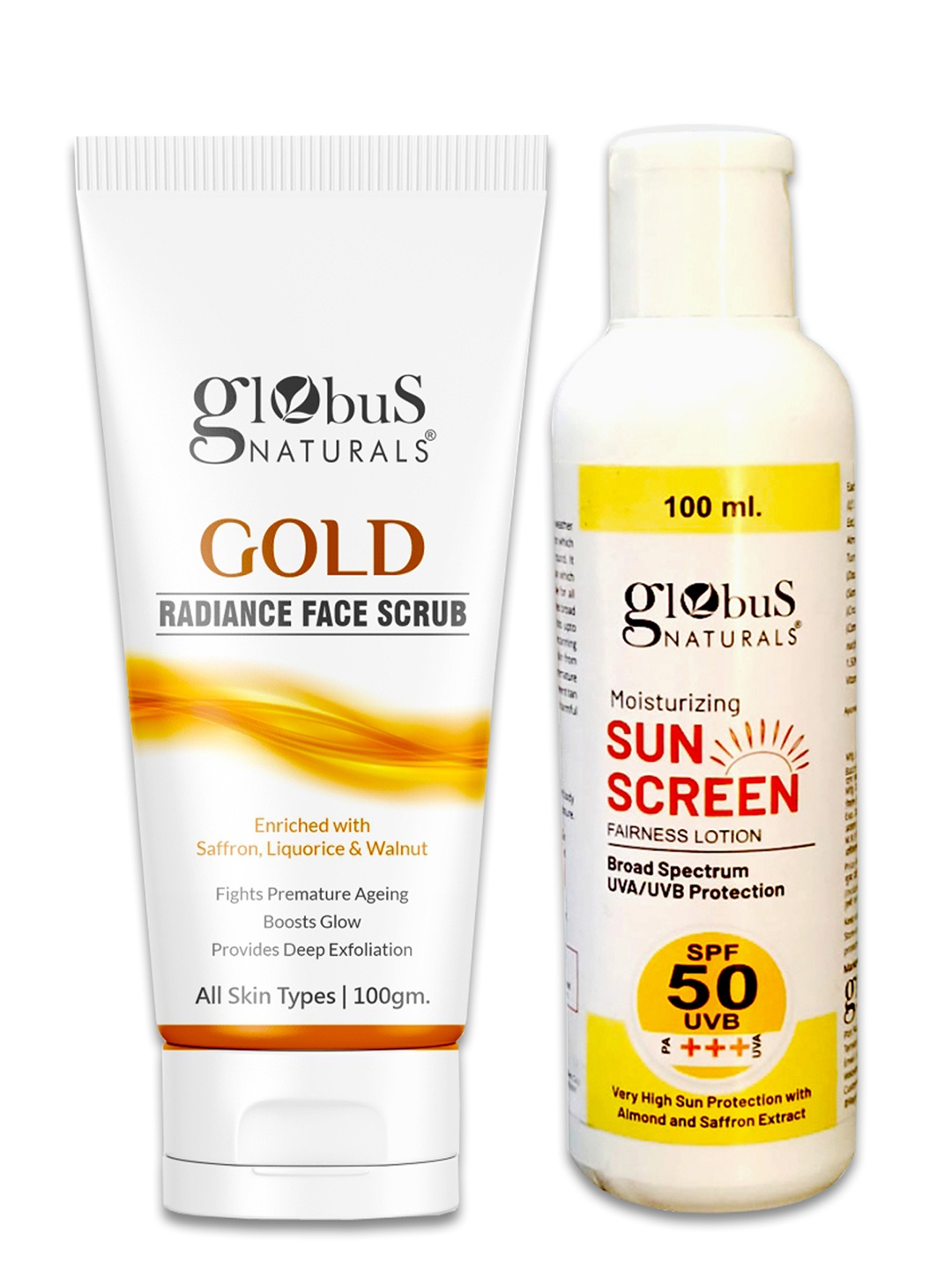 Globus naturals Summer Sizzle Sunscreen Lotion SPF 50++ & Gold Face Scrub-100g Each, Off white
Globus naturals Summer Sizzle Sunscreen Lotion SPF 50++ & Gold Face Scrub-100g Each, Off white